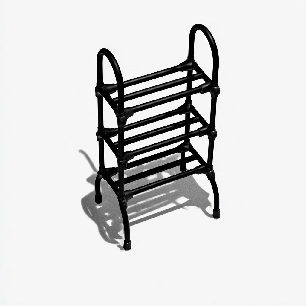 Black metal shoe rack from Ledgeandlilac, three-quarter view of a sturdy utility shoe storage solution.