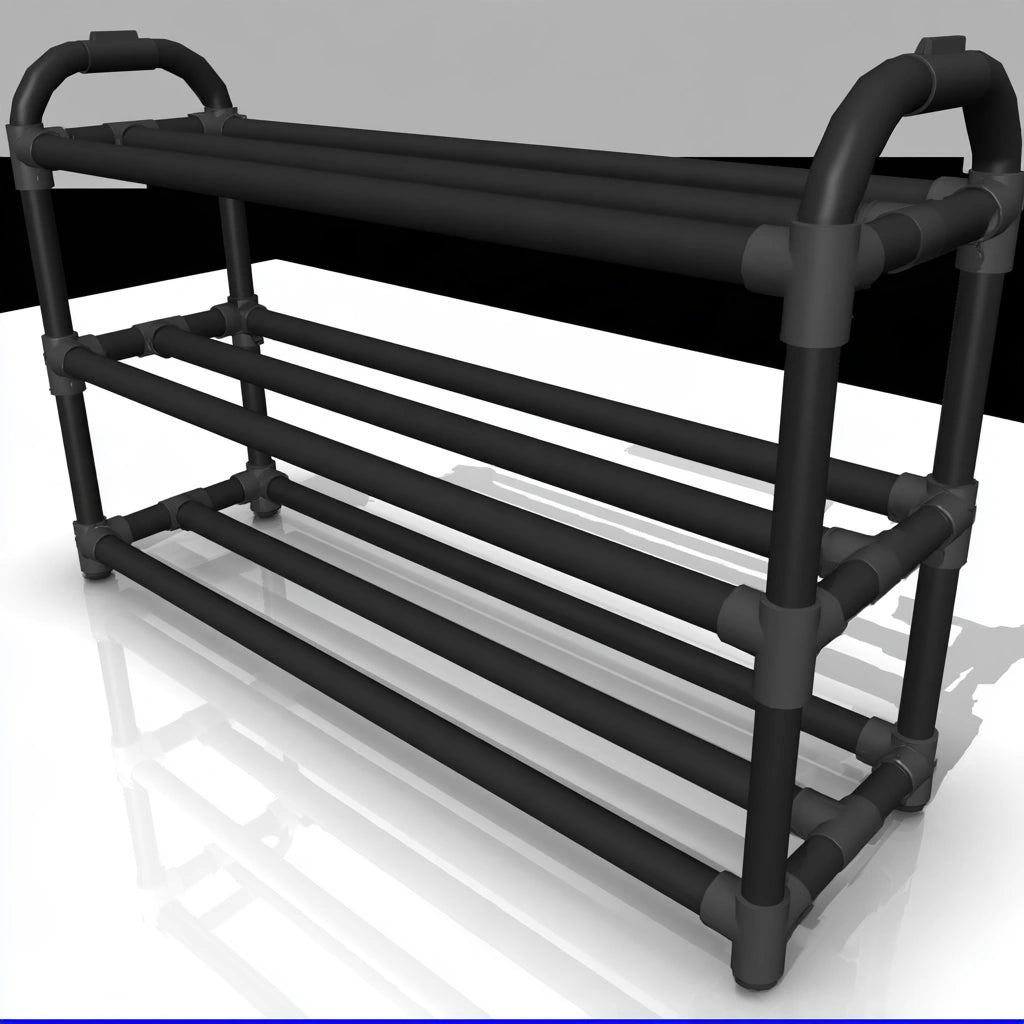 Black metal shoe rack by LedgeandLilac, three-quarter view showing multiple tiers for organizing shoes.