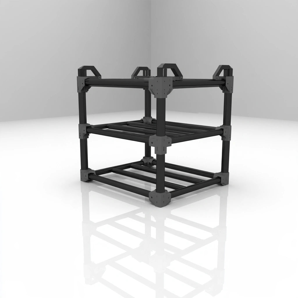 Black metal shoe rack from LedgeandLilac, three-quarter view showing multiple tiers for organizing shoes.