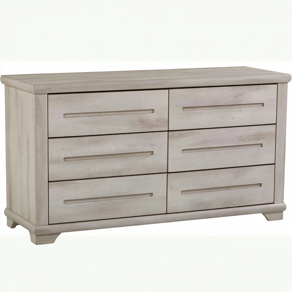 Contemporary gray double dresser by LedgeandLilac, featuring sleek design and multiple drawers, shown in a three-quarter view.