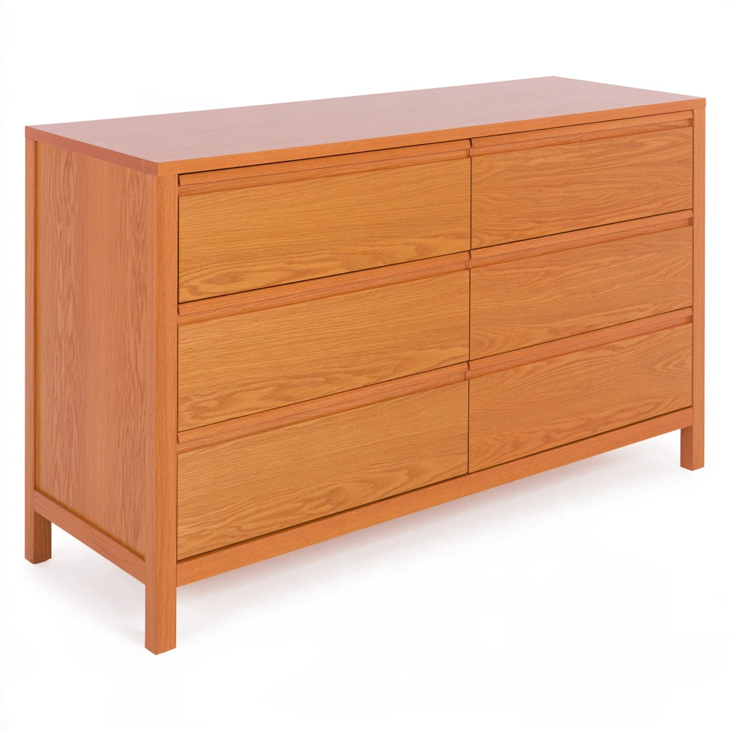 Contemporary gray double dresser by LedgeandLilac, showing a three-quarter view of its sleek, modern design with multiple drawers.