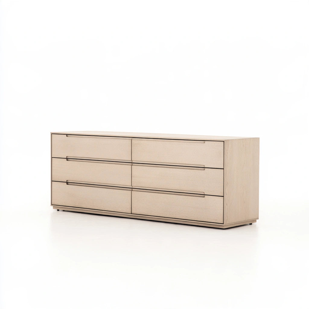 Contemporary gray Ledgeandlilac double dresser with sleek drawers, three-quarter view highlighting modern design and smooth finish.