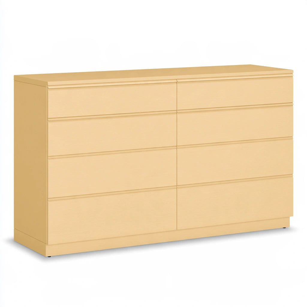 Contemporary gray double dresser by LedgeandLilac shown from a three-quarter view, featuring sleek design and multiple drawers.