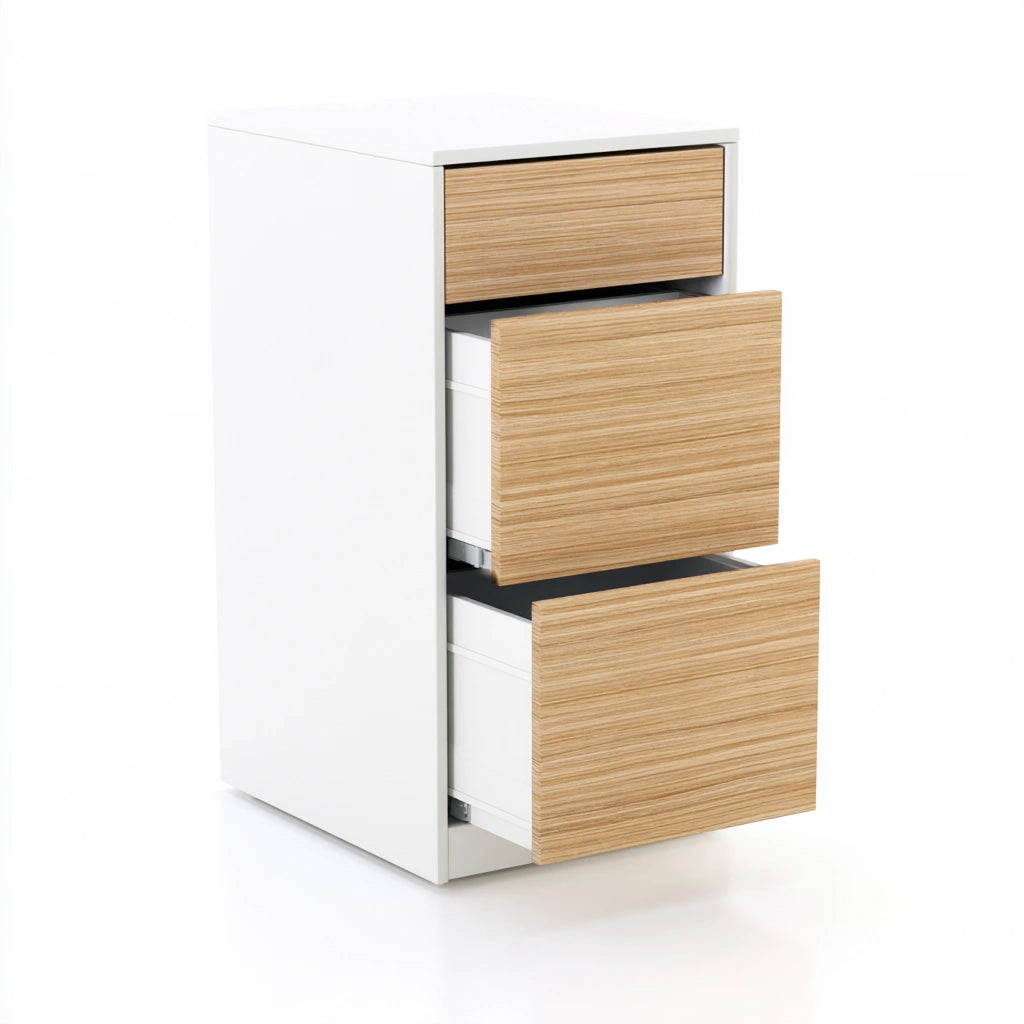 Three-quarter view of a white Ledgeandlilac kitchen base cabinet, modern opbergkast with sleek storage design.