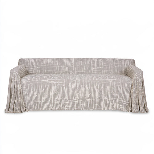 Light gray three-seater sofa from LedgeandLilac with protective slipcover, showcasing a modern, comfortable living room furniture piece.